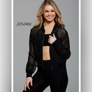 JOVANI lace sheer bomber jacket size 0 embellished black NEW